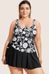 Black Plus Size Printed Square Neck Drawstring Ruffled Tankini Set